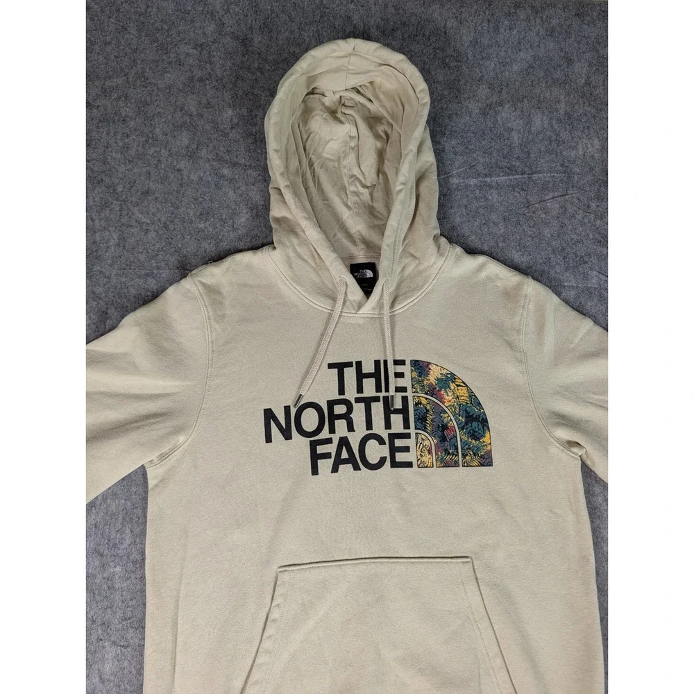 The North Face Mens Graphic Logo Pullover Hoodie Beige Floral Half Dome Fleece